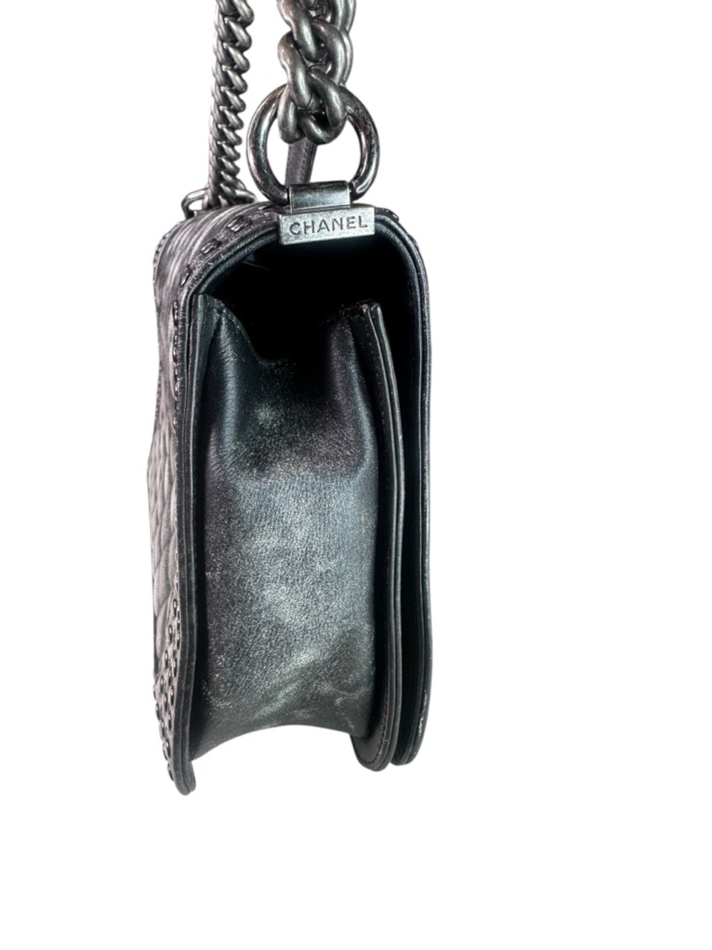 CHANEL Metallic Black Quilted Studded Shoulder Bag - Picture 3 of 10